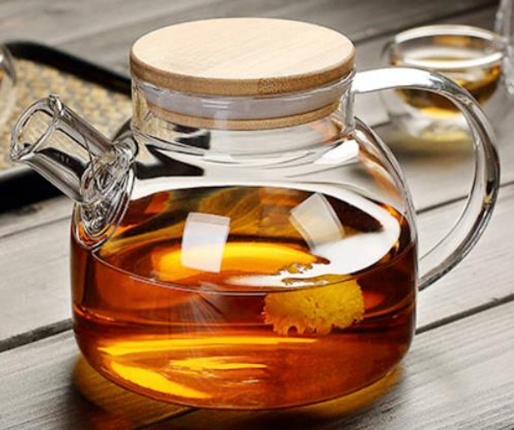 237028 Чайник 1000 мл, стекло (боросиликатное, огнеупорное), с пружинным ситом. Деревянная крышка