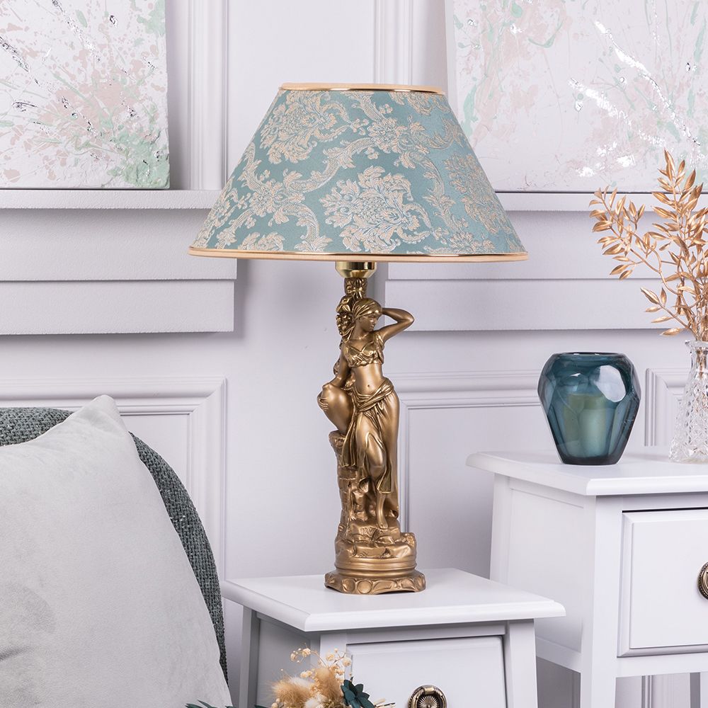 Настольная лампа Девушка с кувшином Бронза с абажуром №38 Vatican (Ватикан) Аквамарин