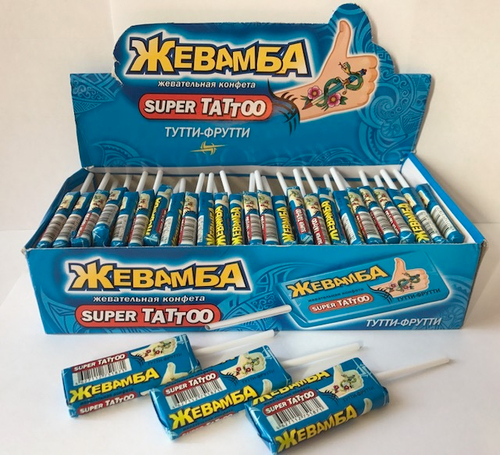 Жевательная конфета "Жевамба SUPER TATTOO" тутти-фрутти 10гр*50шт*12 блоков.