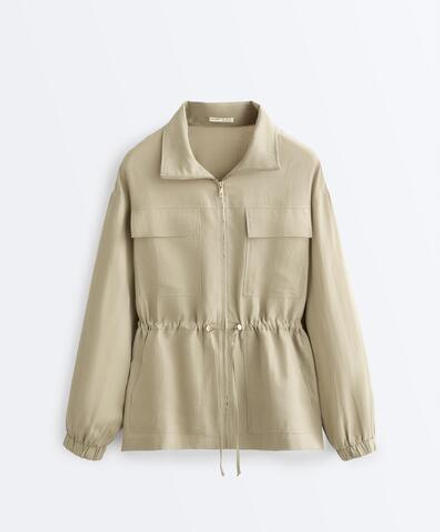 Oysho Куртка с присборенной талией из смеси лиоцелла и 24% льна, бежево-зеленый
