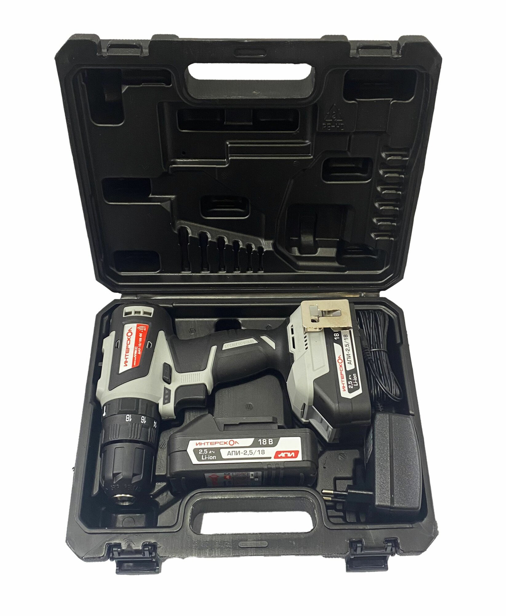 Бесщеточная ударная аккумуляторная дрель-шуруповерт Интерскол ДАУ-10/18В 44 минимакс (Li-ion, кейс, 2 аккум, 2,5 Ач, ЗУ) 769.2.2.45