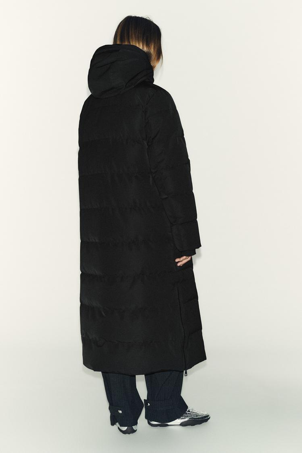 ZARA УДЛИНЕННЫЙ ПУХОВИК С КАПЮШОНОМ WATER REPELLENT WINDPROOF, ЧЕРНЫЙ