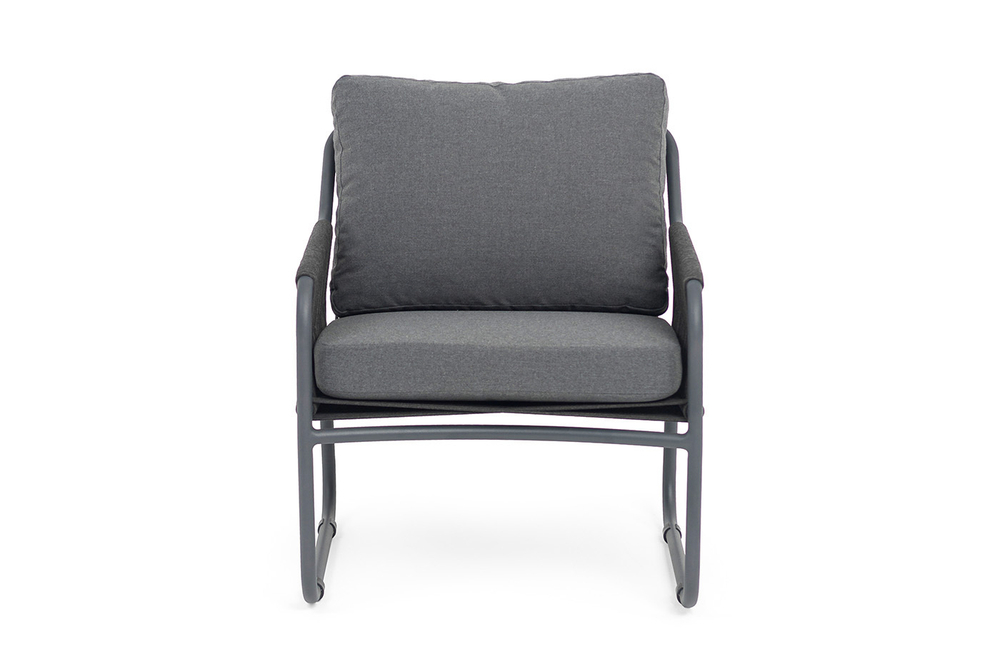 "Ането" кресло плетеное из роупа, каркас алюминий темно-серый (RAL7024) муар, роуп темно-серый круглый, ткань темно-серая 027