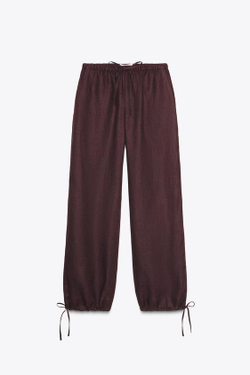 ZARA ЛЬНЯНЫЕ БРЮКИ-БАЛЛОНЫ, БАКЛАЖАНОВЫЙ