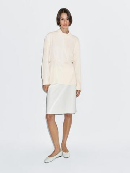 Massimo Dutti Блуза с длинными рукавами и шнурком, натуральный, кремовый