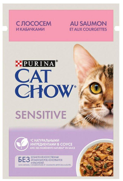 CAT CHOW ADULT Лосось с кабачком в соусе 85г, Чувст. пищеварение (12403814)