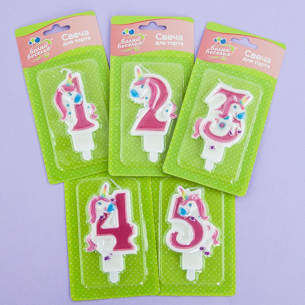 Свеча Цифра, 3 Сказочный единорог, Розовый, 9 см, 1 шт.