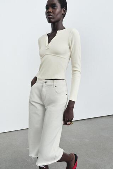 ZARA ФУТБОЛКА В РУБЧИК С ДЛИННЫМИ РУКАВАМИ, ЭКРЮ