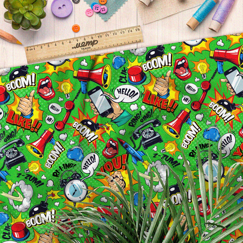 Ткань таффета громкие предметы из комиксов на зелёном фоне