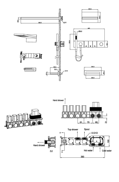 Boheme Встроенная душевая система с изливом ZODIAC, трехпозиционная Gold