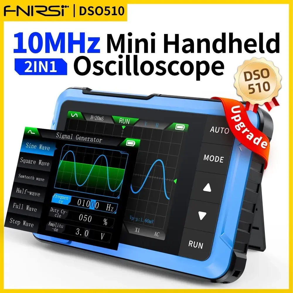 осциллограф FNIRSI DSO510 Портативный цифровой осциллограф 2-в-1 + генератор сигналов, с пробником P6100, полоса пропускания 10 МГц, частота дискретизации 48 Мвыб/с