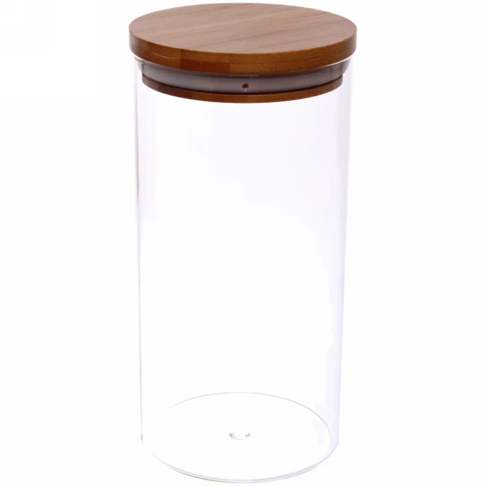 Банка для продуктов стеклянная 1300 мл «Хай-Тек» с бамбуковой крышкой 10*24см