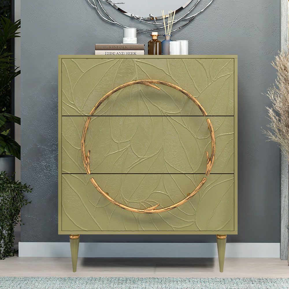 Комод Арт Колор leaves Классик Голд с 3 ящиками Зеленая олива