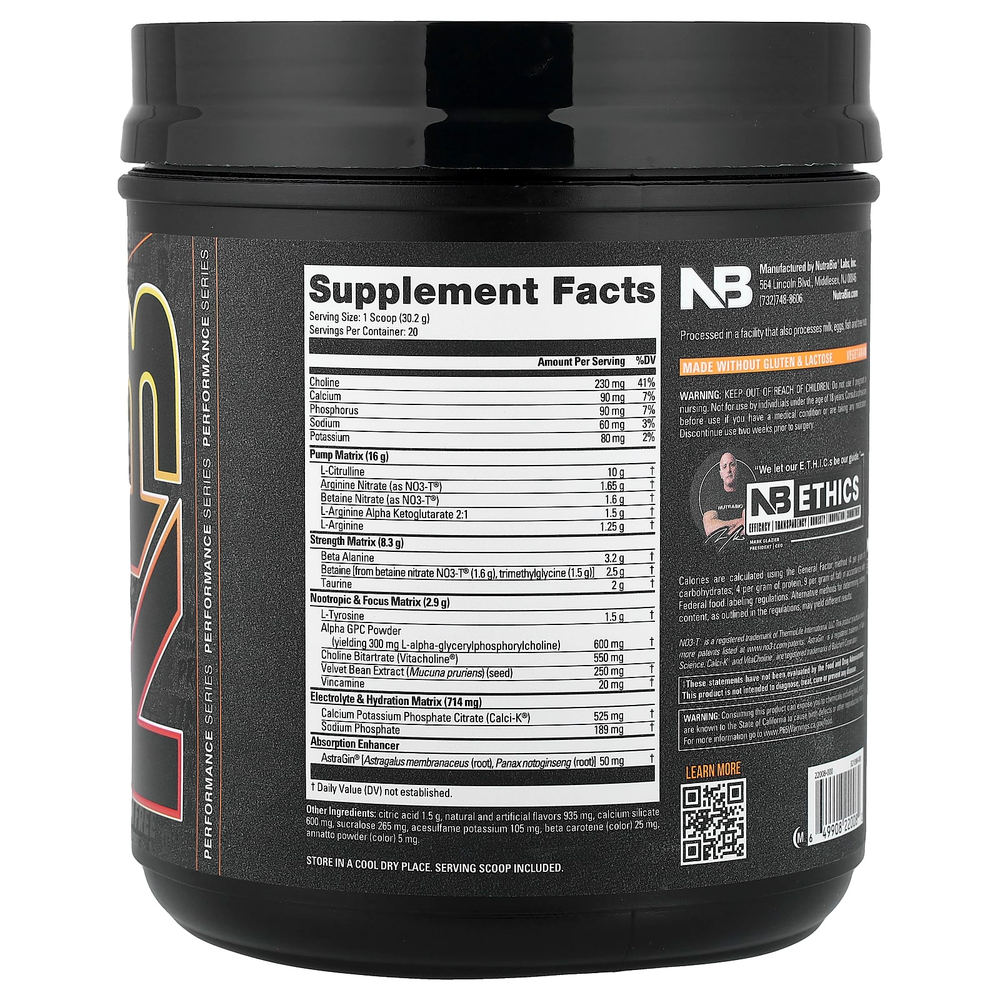 NutraBio, PRE-Workout, добавка без стимуляторов, со вкусом апельсина и манго, 604 г (1,33 фунта)