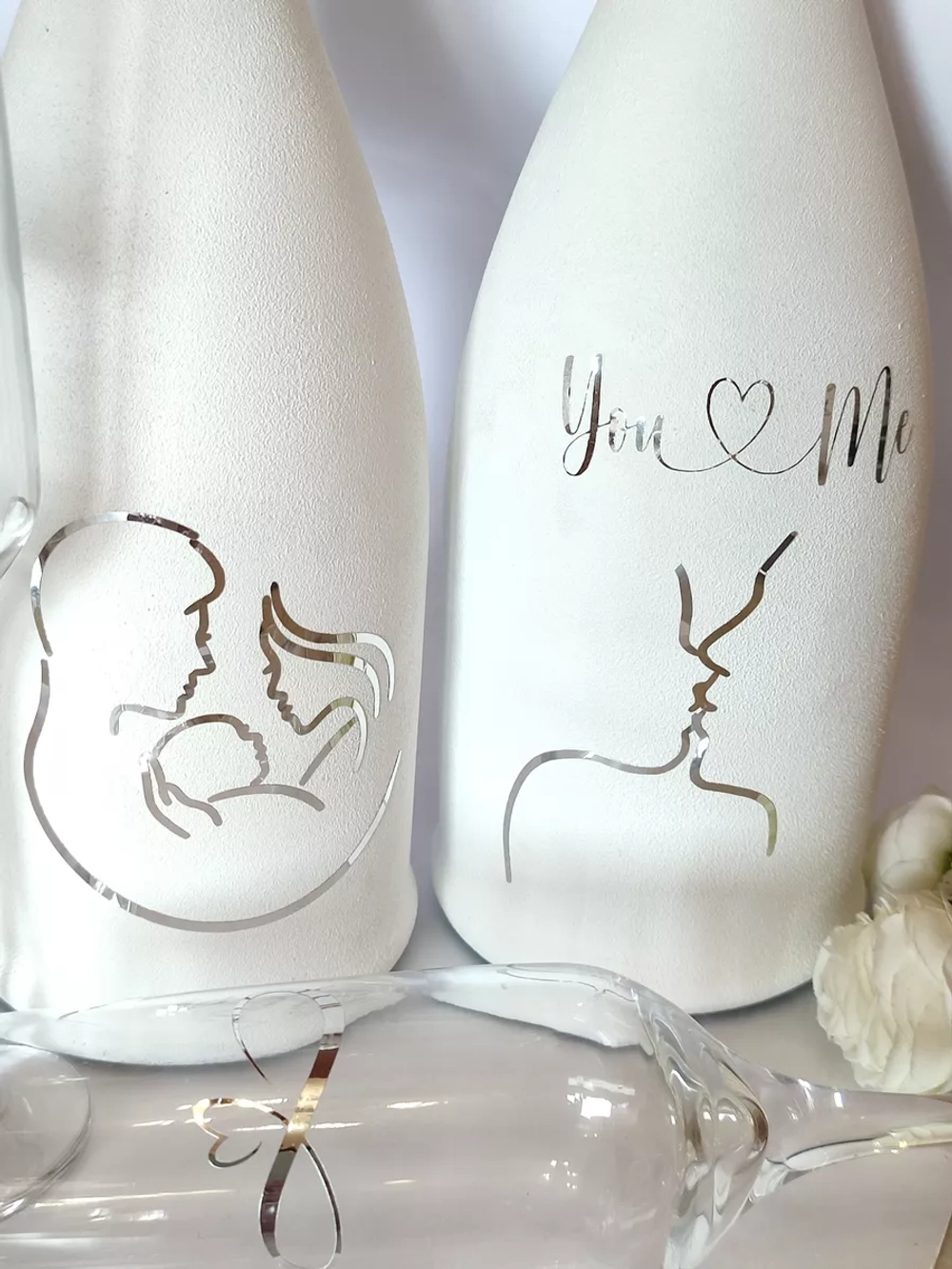 Наклейки свадебные зеркальное серебро на бокалы и бутылки.