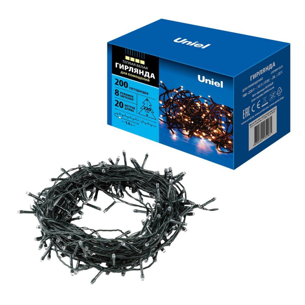 ULD-S2000-200-DGA WARM WHITE IP20 Гирлянда светодиодная. 20м. 200 светодиодов. Теплый белый свет. Провод зеленый. ТМ Uniel