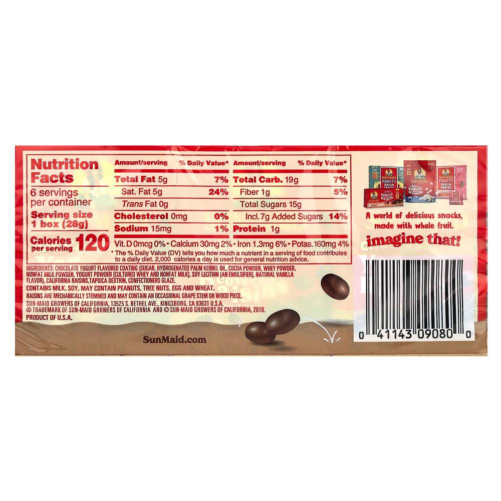 Sun-Maid, Изюм в йогурте, шоколад, 6 коробок по 28 г (1 унция)