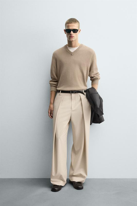 ZARA БРЮКИ WIDE FIT СО СКЛАДКАМИ, БЕЖЕВЫЙ