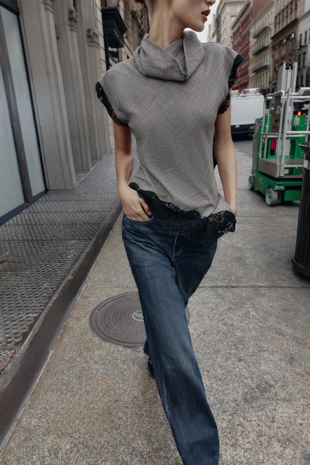 ZARA ТОП С УЗОРОМ «ГУСИНАЯ ЛАПКА» И КРУЖЕВОМ, ЧЕРНЫЙ/ЭКРЮ