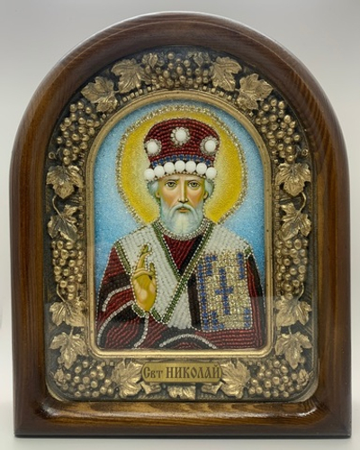 Дивеевскся икона с рукописным ликом из бисера Свт. Николая.