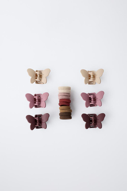 ZARA НАБОР «КОРОБОЧКА С ЗАКОЛКАМИ-БАБОЧКАМИ И РЕЗИНКАМИ ДЛЯ ВОЛОС», КОРИЧНЕВЫЙ