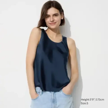 UNIQLO АТЛАСНАЯ БЛУЗКА (БЕЗ РУКАВОВ), СИНИЙ