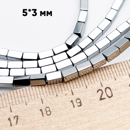 Гематит Брусок бусины (имитация), цвет серебристый, размер около 5*3 мм, цена за отрезок 19 см (1/2 нити)