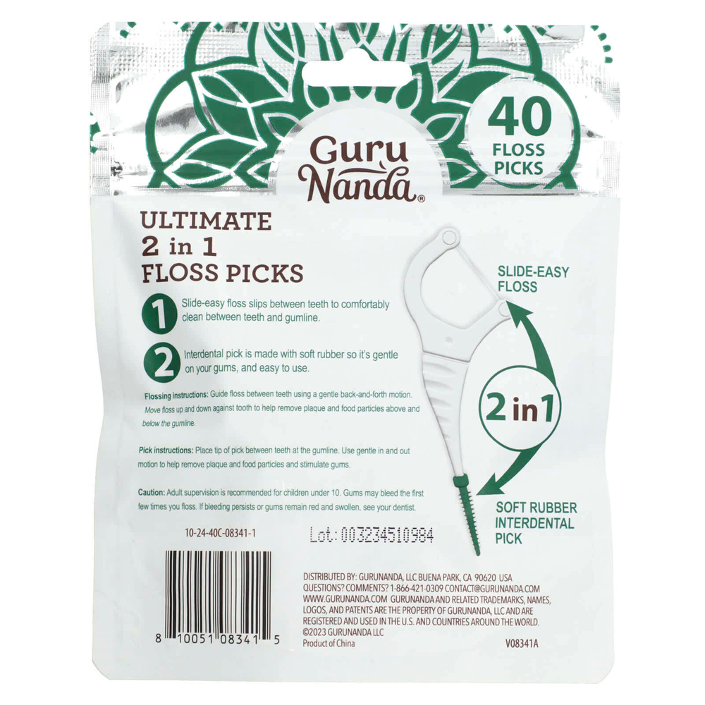 GuruNanda, Ultimate 2 in 1 Floss Picks, дикая мята, 40 шт.