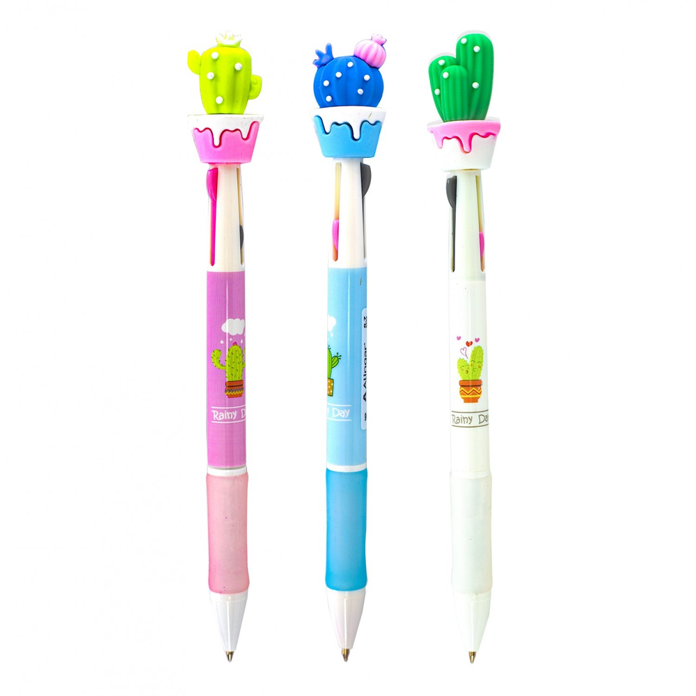 Ручка шариковая Alingar "Кактусы", 0,7 мм, 3-х цветная (син., черн., красн.), автоматическая, резиновый грип, пластиковый цветной корпус, карт. уп.