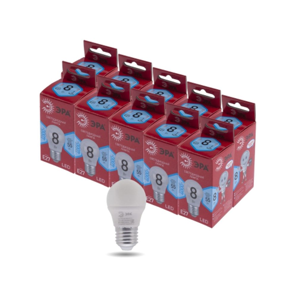 Лампа светодиодная ЭРА RED LINE LED P45-8W-840-E27 R 8Вт шар нейтральный белый свет E27 | Лампы cветодиодные Шар (G/P)