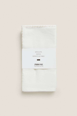 ZARA HOME НАБОР ЛЬНЯНЫХ САЛФЕТОК С ЦЕПОЧКОЙ НА РОЖДЕСТВЕНСКУЮ ТЕМАТИКУ (НАБОР ИЗ 2 ПРЕДМЕТОВ), БЕЛЫЙ