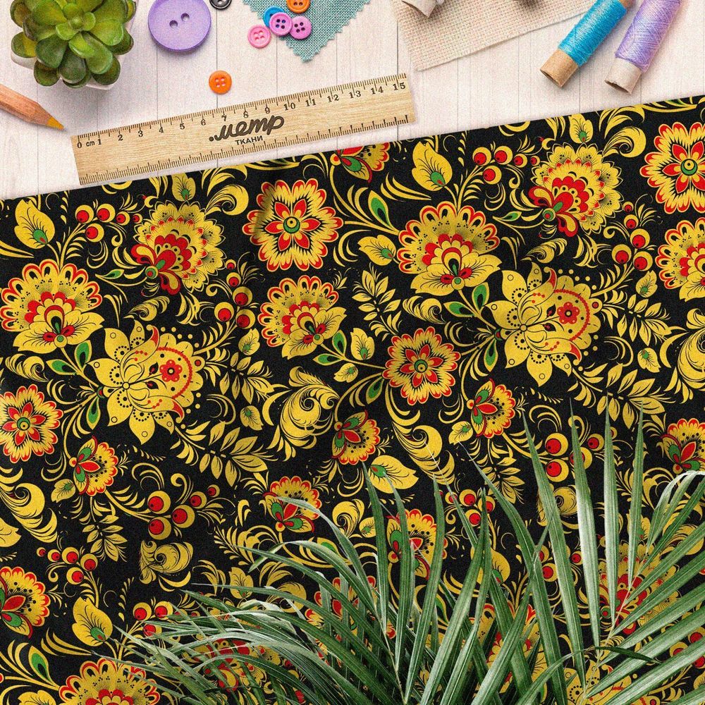 Ткань мембрана хохлома на чёрном