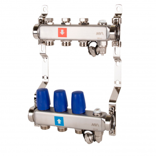 Коллектор MVI без расходомеров, c дренажным краном и краном Маевского 1" х 3/4"ЕК 3 вых.