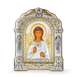 Ангел хранитель, икона арочная с рамкой, белое дерево 206х270