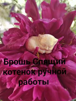 Брошь Спящий котенок черный авторская из полимерной глины ручной работы