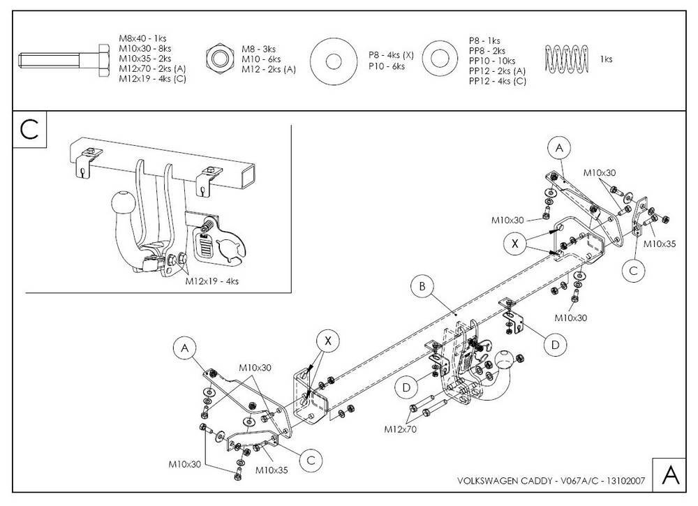 Фаркоп оцинкованный Galia V067A для Volkswagen Caddy 2004-(паспорт и сертификат в комплекте)(без электрики)