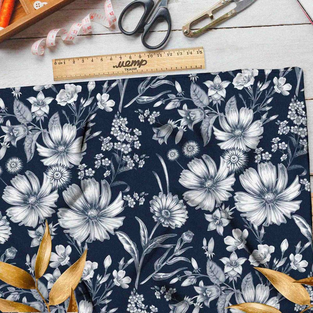 Ткань атлас монохромные цветы на синем