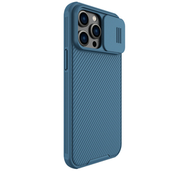Чехол защитный синего цвета от Nillkin на iPhone 14 Pro Max, серия CamShield Pro Case, сдвижная шторка для камеры