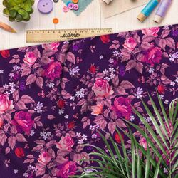 Ткань ниагара фиолетовые розы на фиолетовом