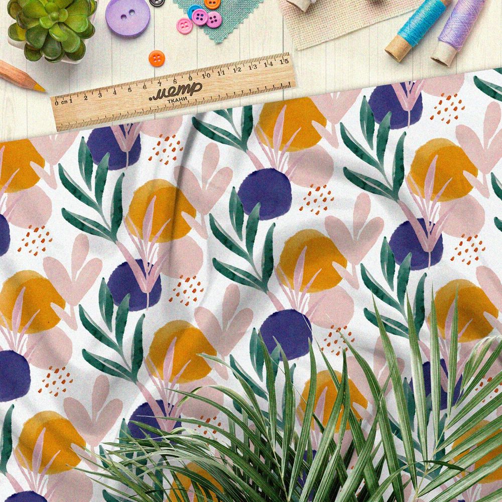 Ткань муслин цветные круги и листва на белом фоне