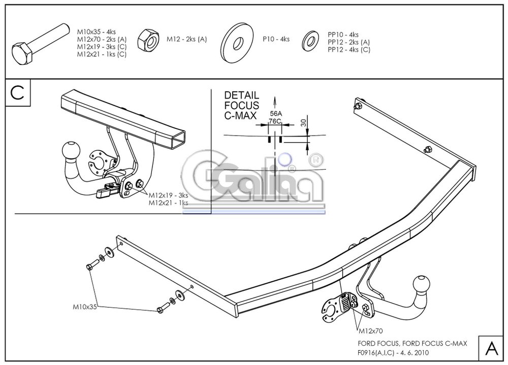 Фаркоп оцинкованный Galia F091C для Ford Focus хетчбек 2004-2011, 2011-, Ford C-MAX 2003-2011, 2011-(паспорт и сертификат в комплекте)(без электрики)