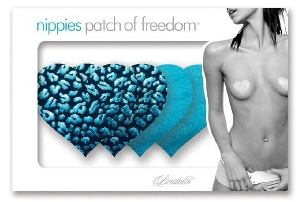 Комплект из 1 пары бирюзовых пэстис-сердечек и 1 пары черных пэстис-сердечек с леопардовым принтом