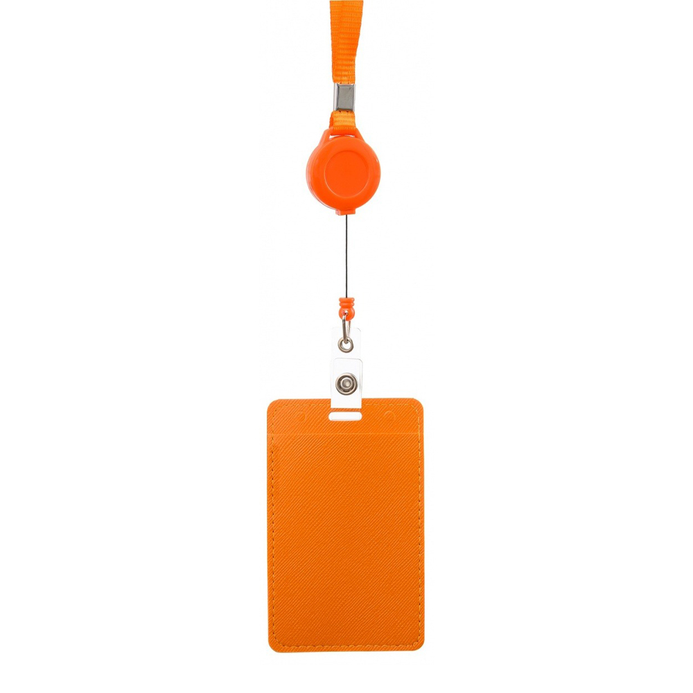 Бейдж на шнурке с рулеткой (ретрактором) Basir вертикальный, кожзам, 105*65 мм, оранжевый