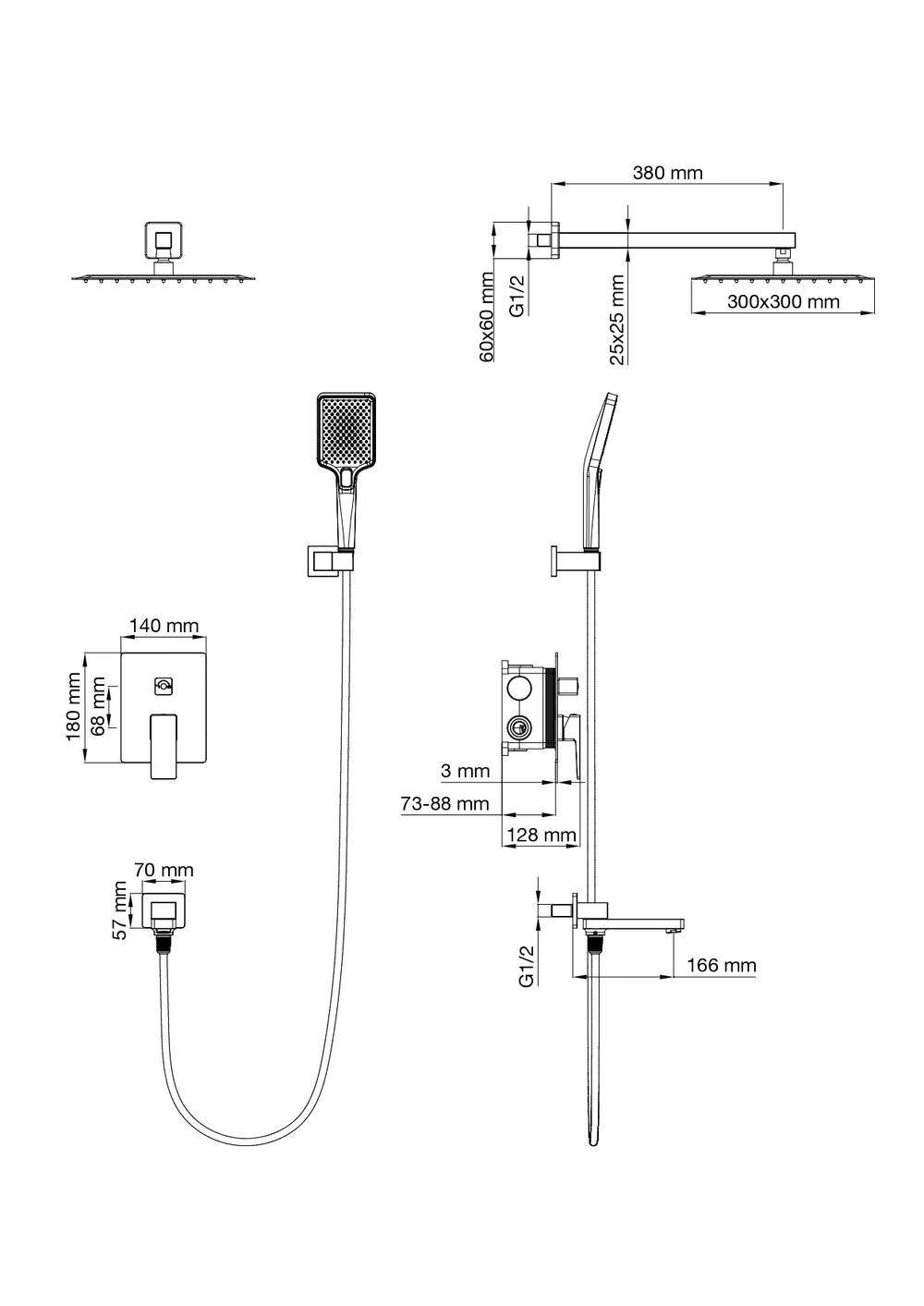 Душевая система встраиваемая WONZON & WOGHAND CUBE 2.0, Брашированное золото (WW-88087068-BG)