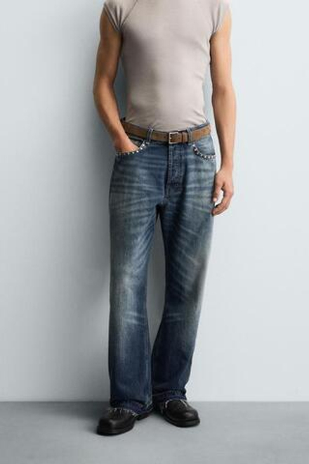 ZARA ДЖИНСЫ СВОБОДНОГО КРОЯ С ЗАКЛЕПКАМИ, СИНИЙ