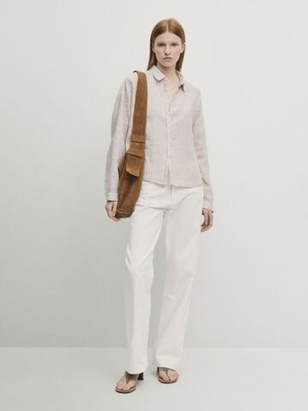 Massimo Dutti Укороченная рубашка из 100% льна в полоску, бежевый