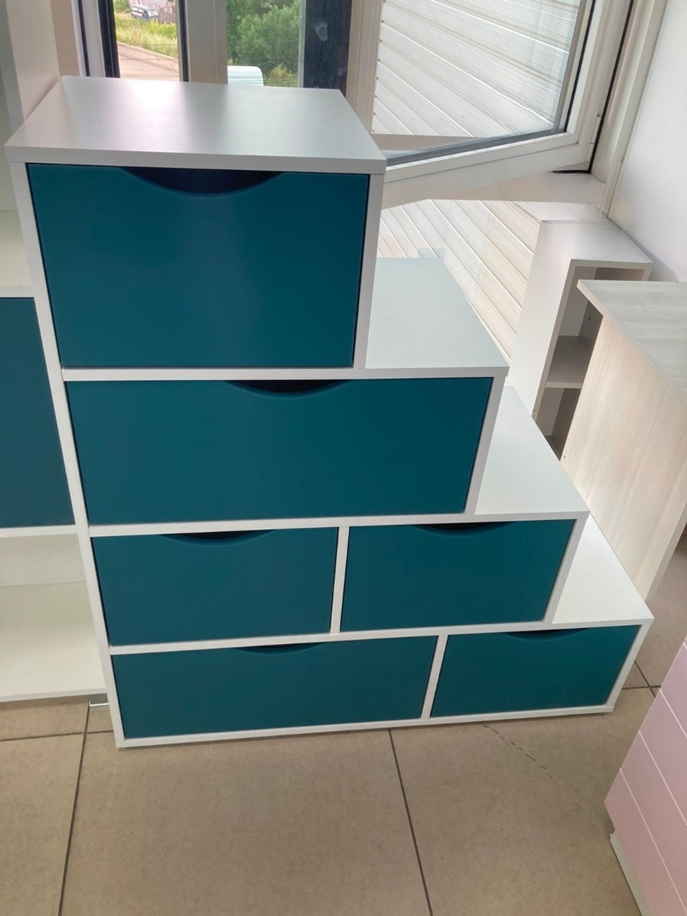 Комод Лесенка МДФ белый/аквамарин