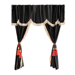 Шторы спального места с ламбрекеном и прихватами "Кисти" в кабину Volvo, Scania, MAN, DAF, Merc, Камаз, Sitrak, Shacman, Foton, FAW. Высота 1,5м, ширина одной стороны - 1,15м. Блэкаут, велюр. Черный цвет с бежевой бахромой и красными кистями