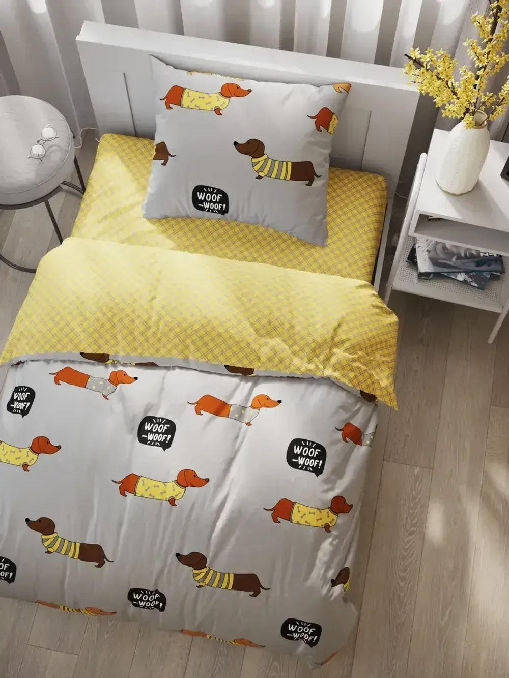 Постельное белье поплин Сказка "Таксик/Клеточка" 1,5-сп Наволочка 50х70 см 1 шт Простынь 150x215 смПододеяльник 145x215 см