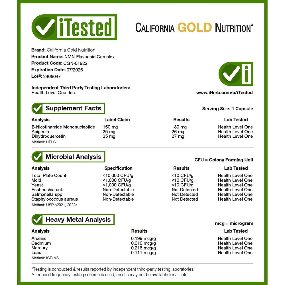 California Gold Nutrition, комплекс флавоноидов с NMN, апигенином и дигидрокверцетином, 60 растительных капсул